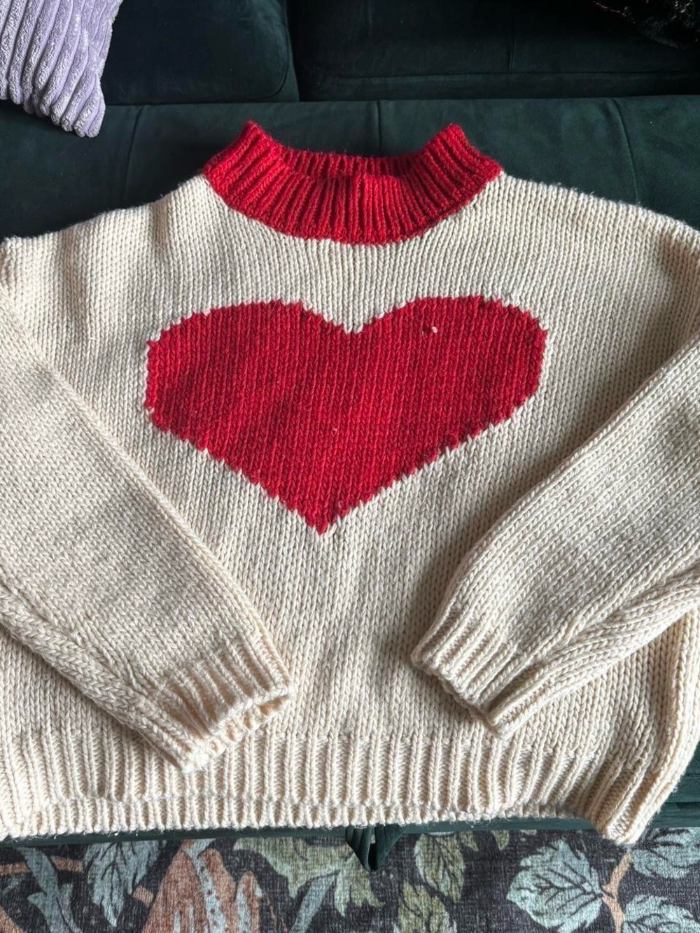 Forever 21 Cream Knit Sweater with Red Heart and Red Neck